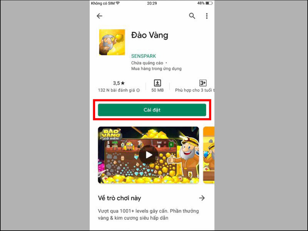 Nhấn vào tùy chọn Cài đặt để tải game Đào Vàng phiên bản chuẩn