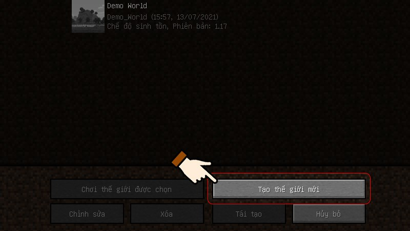 Nhấn vào tùy chọn Tạo thế giới mới ở góc dưới bên phải