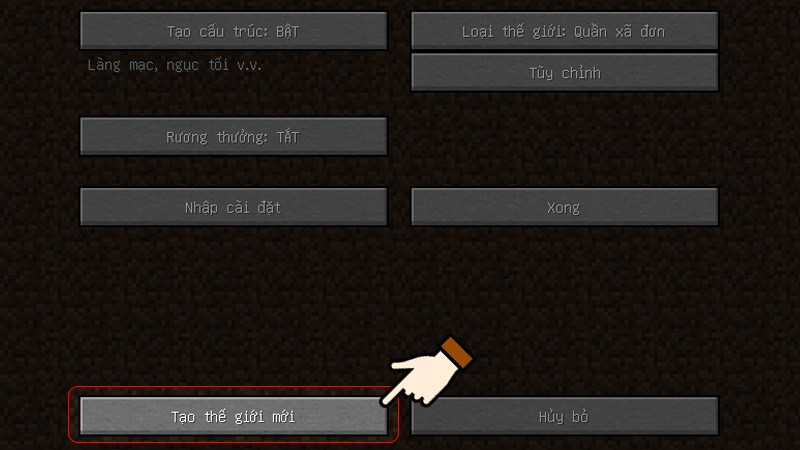 Nhấn vào tùy chọn Tạo thế giới mới ở góc dưới cùng bên trái