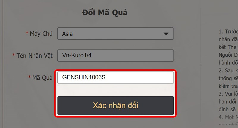 Nhập code theo khu vực và nhấn Xác nhận đổi để nhận quà