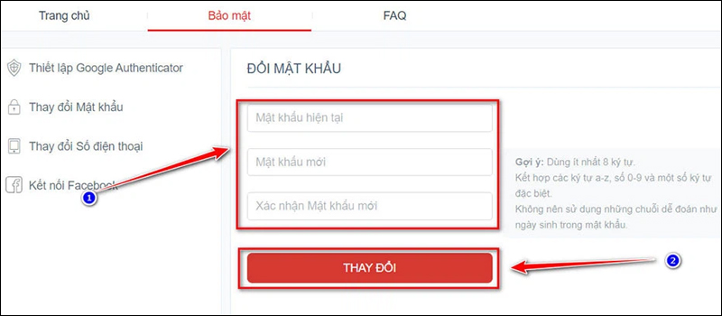 Nhập mật khẩu cũ, mật khẩu mới và xác nhận thay đổi