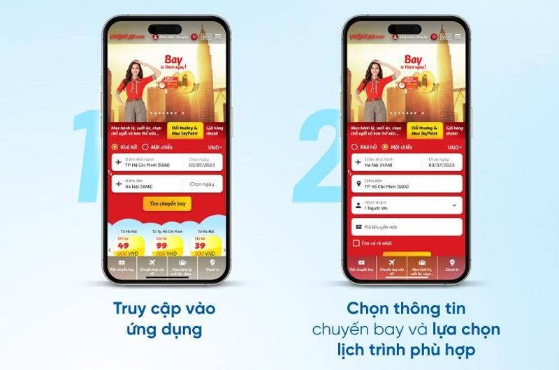 Mở ứng dụng Vietjet, nhập thông tin chuyến bay  