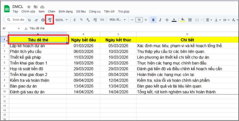 Kích hoạt công cụ Sao chép định dạng trong Google Sheets