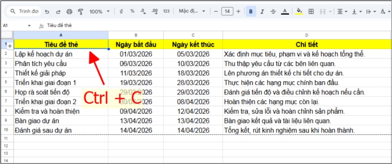 Dùng phím tắt Ctrl C để sao chép ô trong Google Sheets