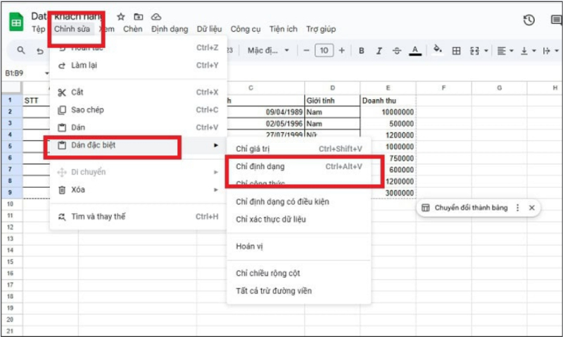 Mở menu Dán đặc biệt và chọn Chỉ định dạng cho dữ liệu Google Sheets