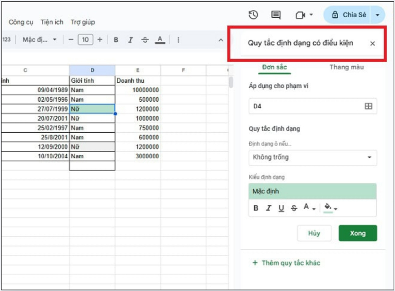 Xác nhận quy tắc định dạng có điều kiện trong Google Sheets