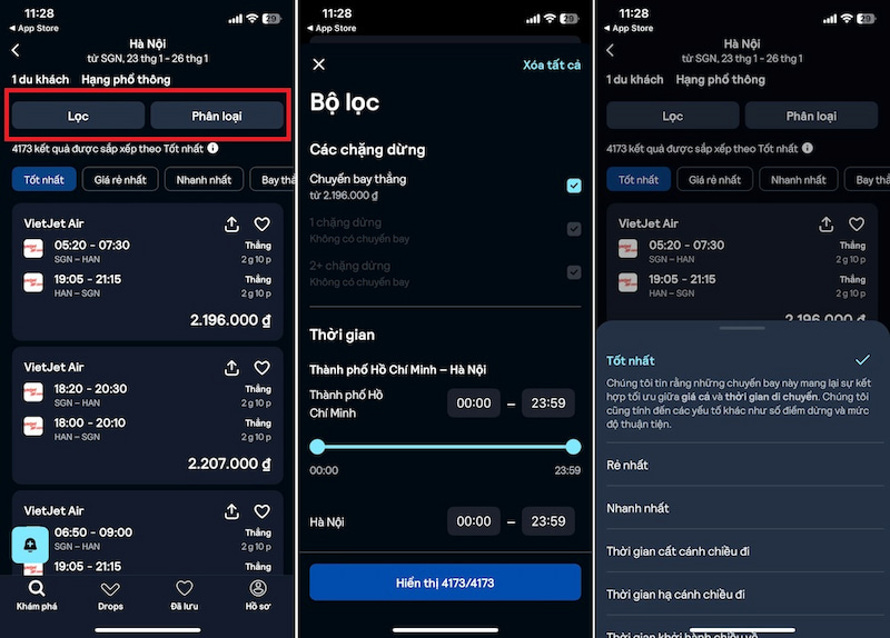 Skyscanner hiển thị danh sách các chuyến bay