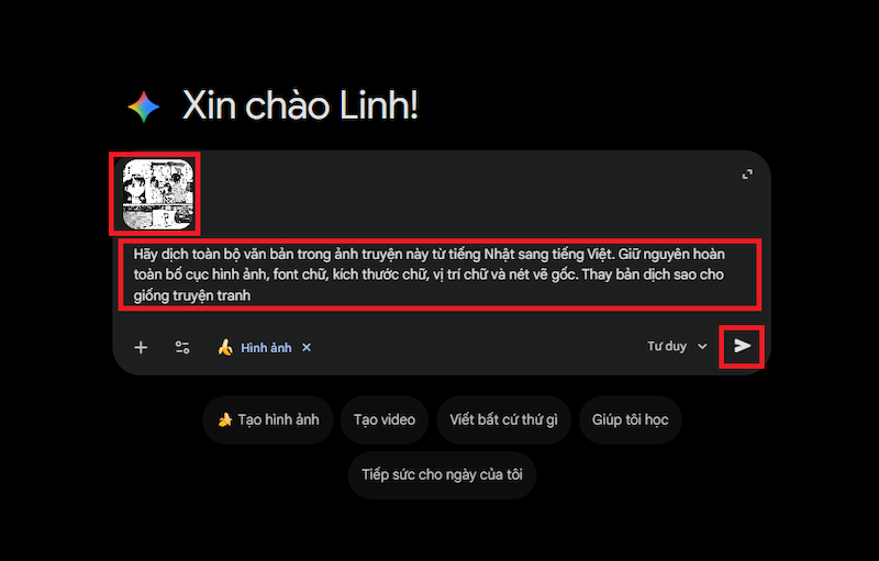 Tải ảnh truyện cần dịch và nhập prompt