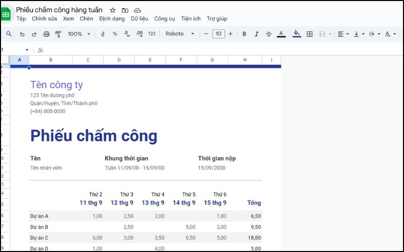 phiếu chấm công mẫu của google sheets