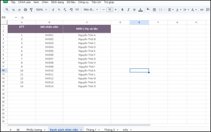 Thiết lập thông tin và danh sách nhân viên trong phiếu chấm công