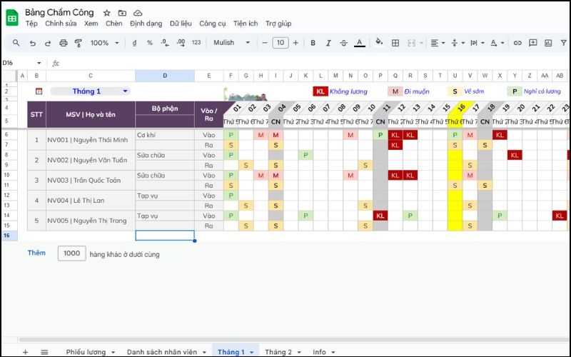 Sheet chấm công tháng 1 với đầy đủ thông tin