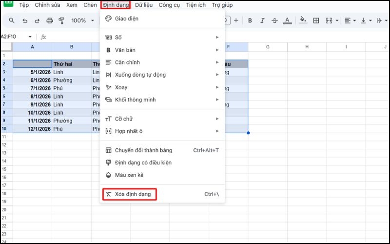 Chọn vào mục định dạng và nhấn vào xóa định dạng