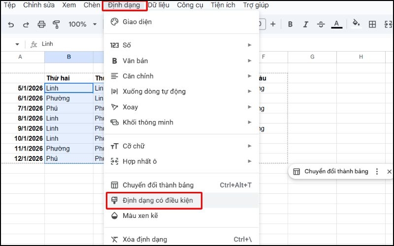 Chọn vào mục định dạng và chọn định dạng có điều kiện