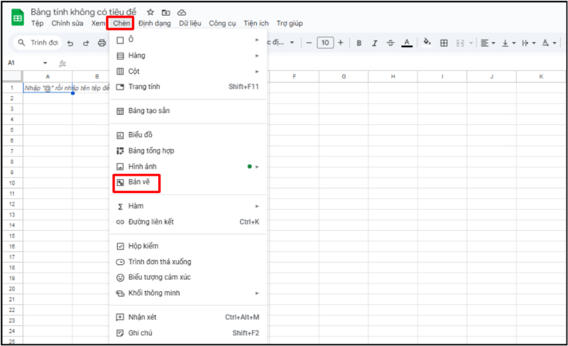 Vào menu Chèn và chọn Bản vẽ