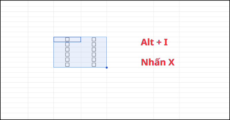 tạo checkbox và bấm nút lệnh Alt + I rồi chọn tiếp X