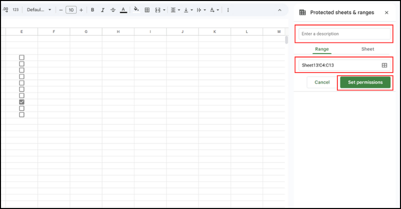 lần lượt điền lý do, chọn cột và xác nhận lệnh Set permissions