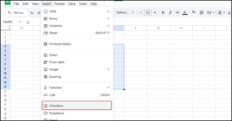 Chọn tiếp lệnh Checkbox và hộp kiểm sẽ hiển thị