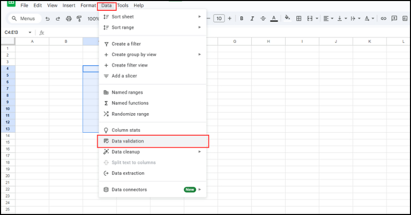 Chọn lệnh Data trên thanh công cụ và nhấp vào lệnh Data validation