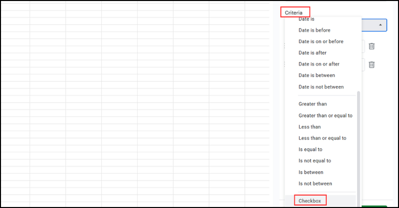 Ở mục Criteria, tìm đến mục Checkbox