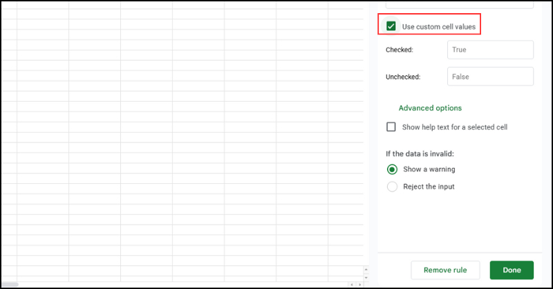 Đánh dấu tích vào mục Use custom cell values