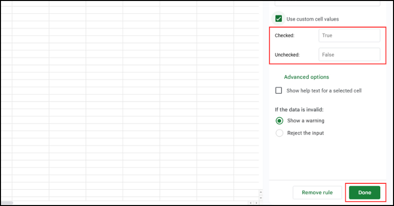 điền giá trị mong muốn vào mục Checked và Unchecked