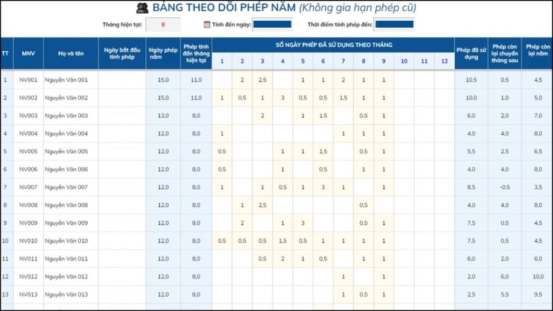 form nhập liệu theo dõi phép năm