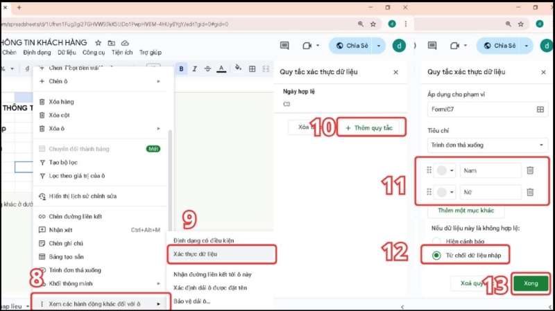 Nhập và xác thực dữ liệu giới tính
