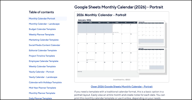 Giao diện tải mẫu lịch Google Sheets trên Smartsheet