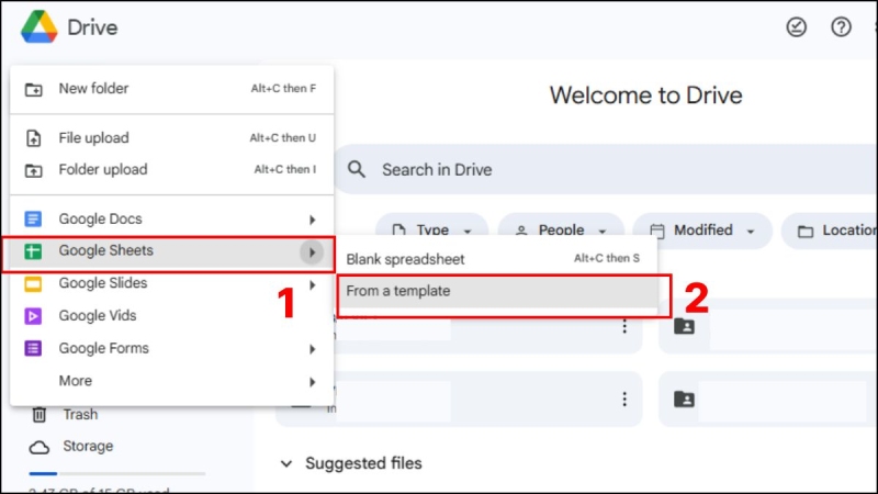 Thao tác truy cập From a template trên Drive