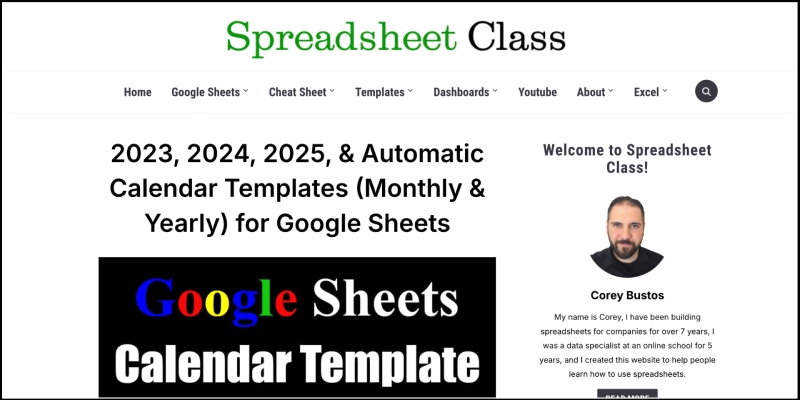 Giao diện mẫu lịch Google Sheets trên Spreadsheet Class