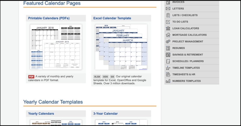 Giao diện lịch mẫu trên Vertex42
