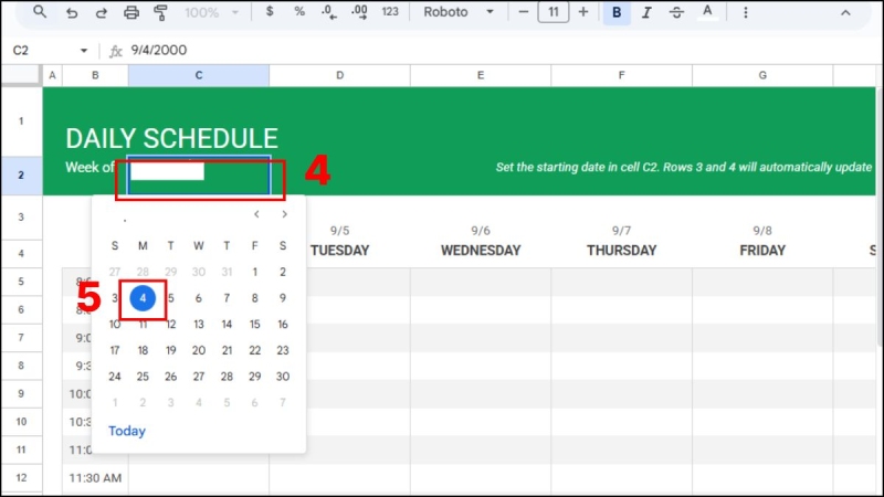Thao tác chỉnh sửa mẫu lịch trên Google Sheets