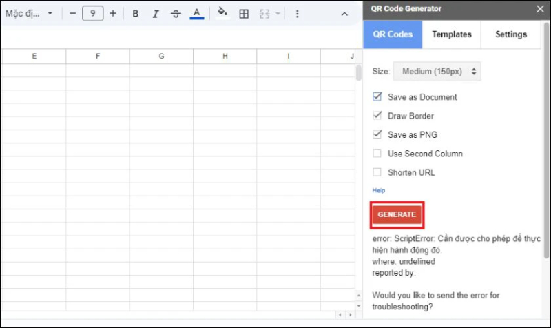 Giao diện tùy chỉnh các thiết lập mã QR trong Google Sheets