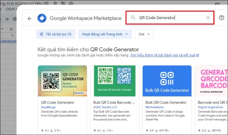 Tìm kiếm mã QR trong Google Worksapce Marketplace