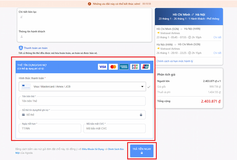 Thanh toán để đặt vé máy bay trên website Skyscanner