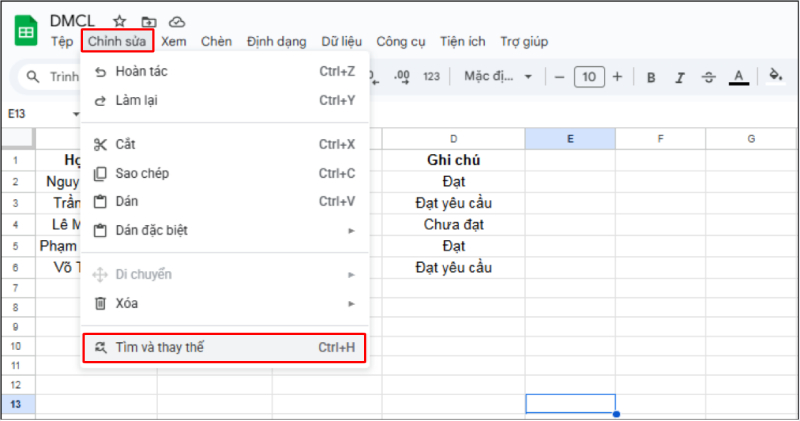 Mở Tìm và thay thế từ menu Chỉnh sửa trong Google Sheets
