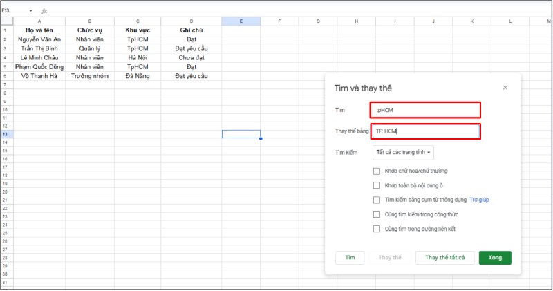 Nhập nội dung tìm và thay thế trong Google Sheets