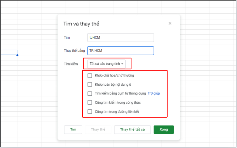 Tùy chọn phạm vi và điều kiện tìm kiếm trong Google Sheets