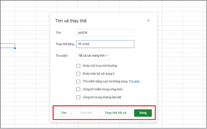 Nhấn Thay thế tất cả trong Google Sheets