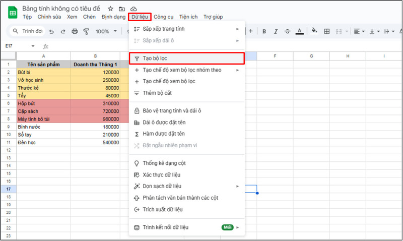 Tạo bộ lọc trong Google Sheets