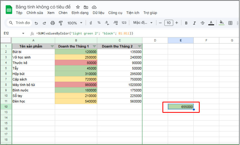 Kết quả tính tổng theo màu
