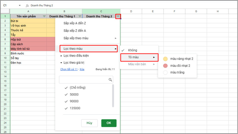 Lọc các ô theo màu cần tính