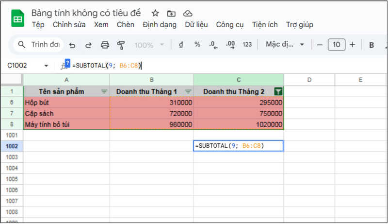 Nhập hàm SUBTOTAL