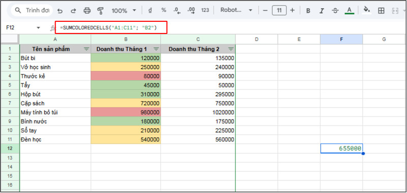 Hàm SUMCOLOREDCELLS