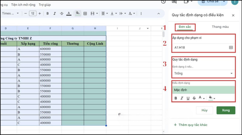 Thiết lập bảng Quy tắc định dạng có điều kiện