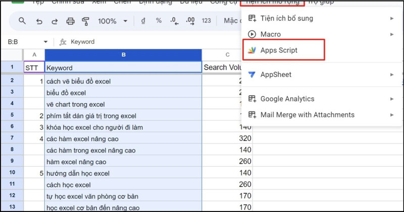Mở Apps Script trong Google Sheets