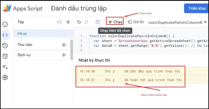 Nhấn Chạy Apps Script để tự động tô màu
