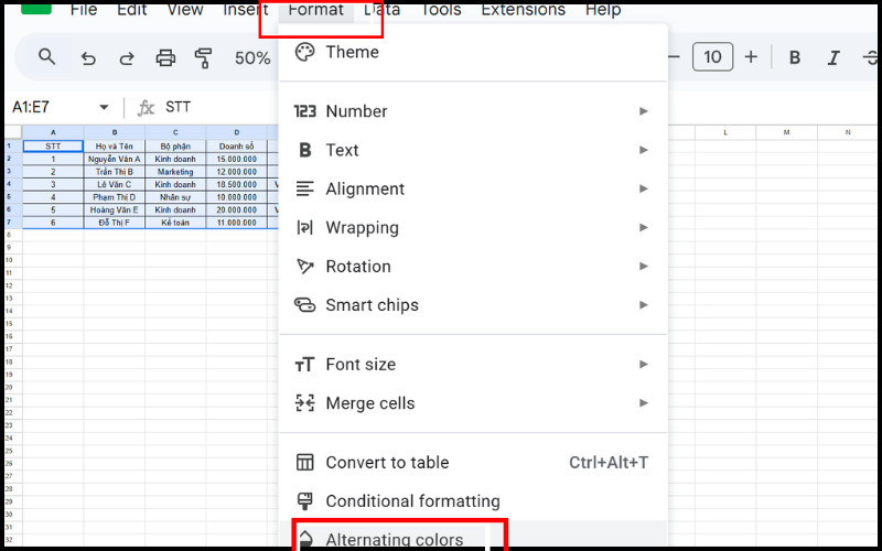 Chọn tính năng Alternating colors