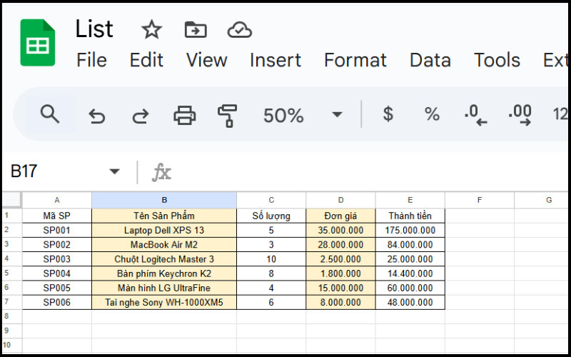 Các cột được tô màu xen kẽ