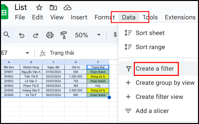 Vào mục Data chọn “Create a filter”